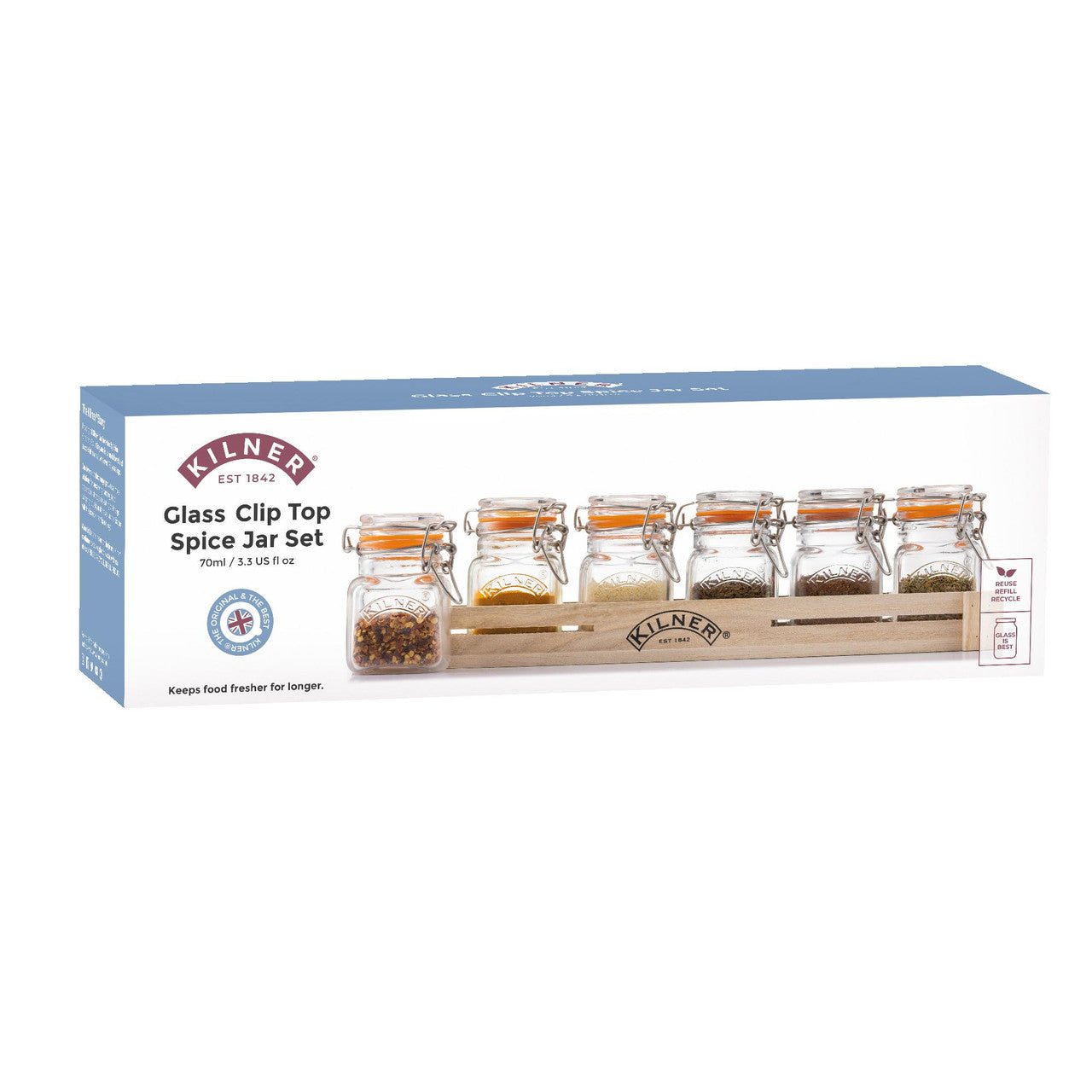 Set of 7 Glass Clip Top Spice Jars, 70ml
