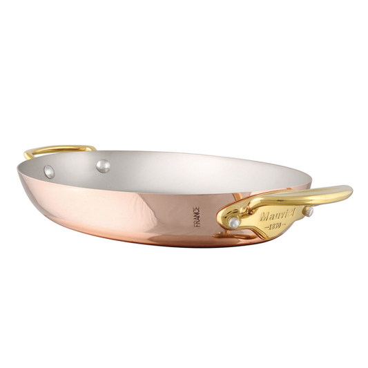 Matfer Bourgeat Copper Dish Oval - Brass Handle, 300mm - Kitchenly