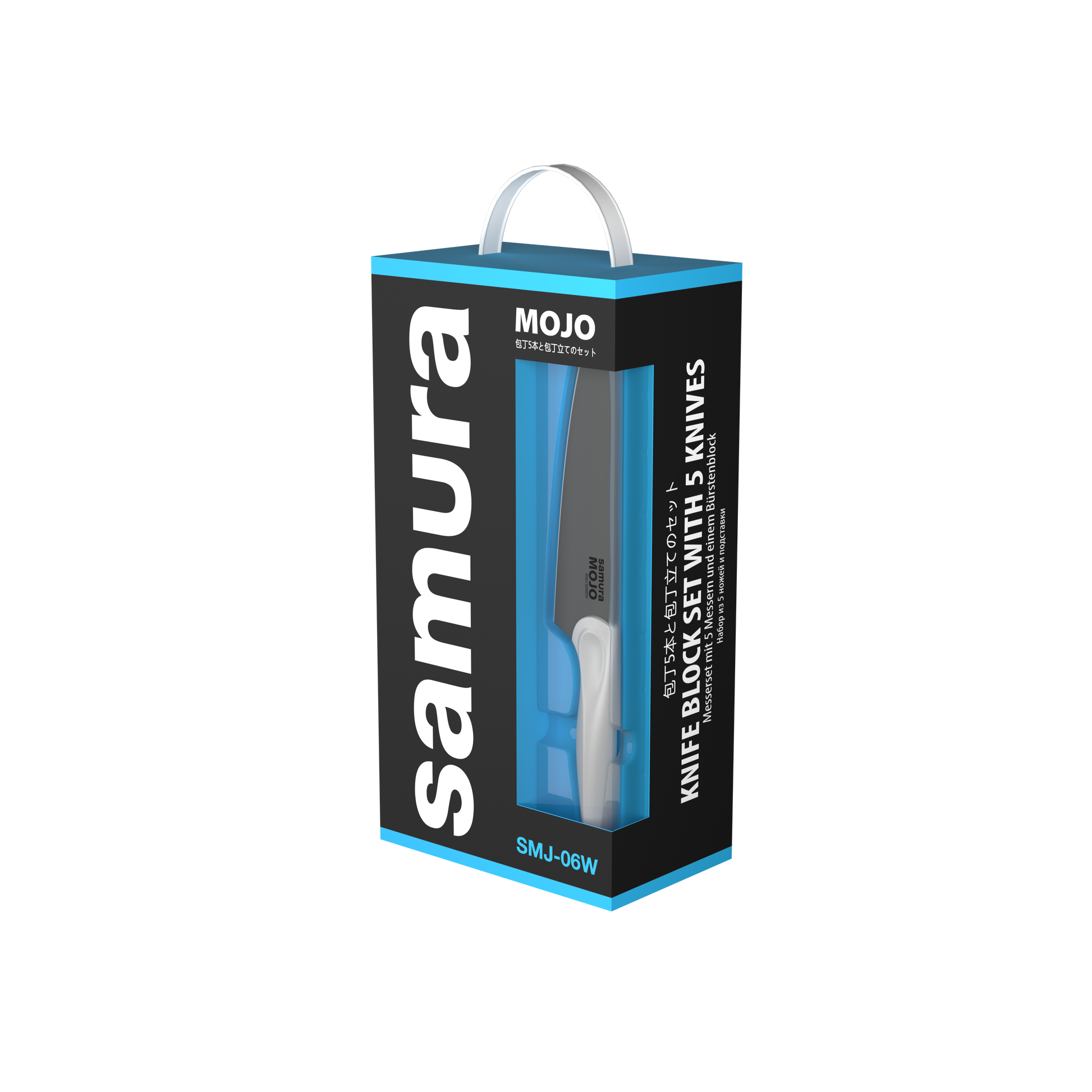 Samura MOJO Knife Block Set 6Pcs White: Paring, Utility, Fillet, Bread, Chef's Knives, Grey Brush Block - Kitchenly