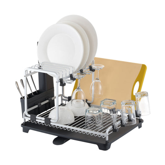2 Tier Aluminium Dish Rack, with Glass Holder & Pot Lid/Chopping Board Holder