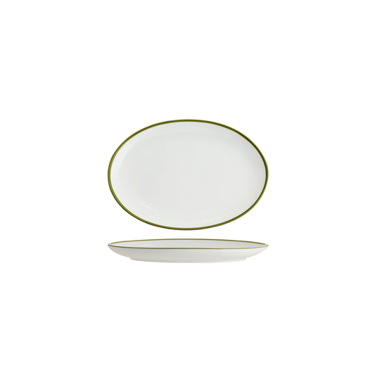 Tablekraft Core Oval Coupe Plate - White/Olive Green Rim, 230x165x22mm, Box of 6
