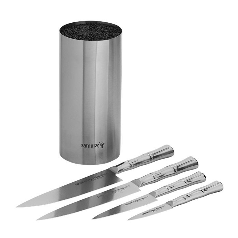 Samura BAMBOO Knife Block Set - Paring Knife, Utility Knife, Slicing Knife, Chef's Knife, Brush Block - Kitchenly