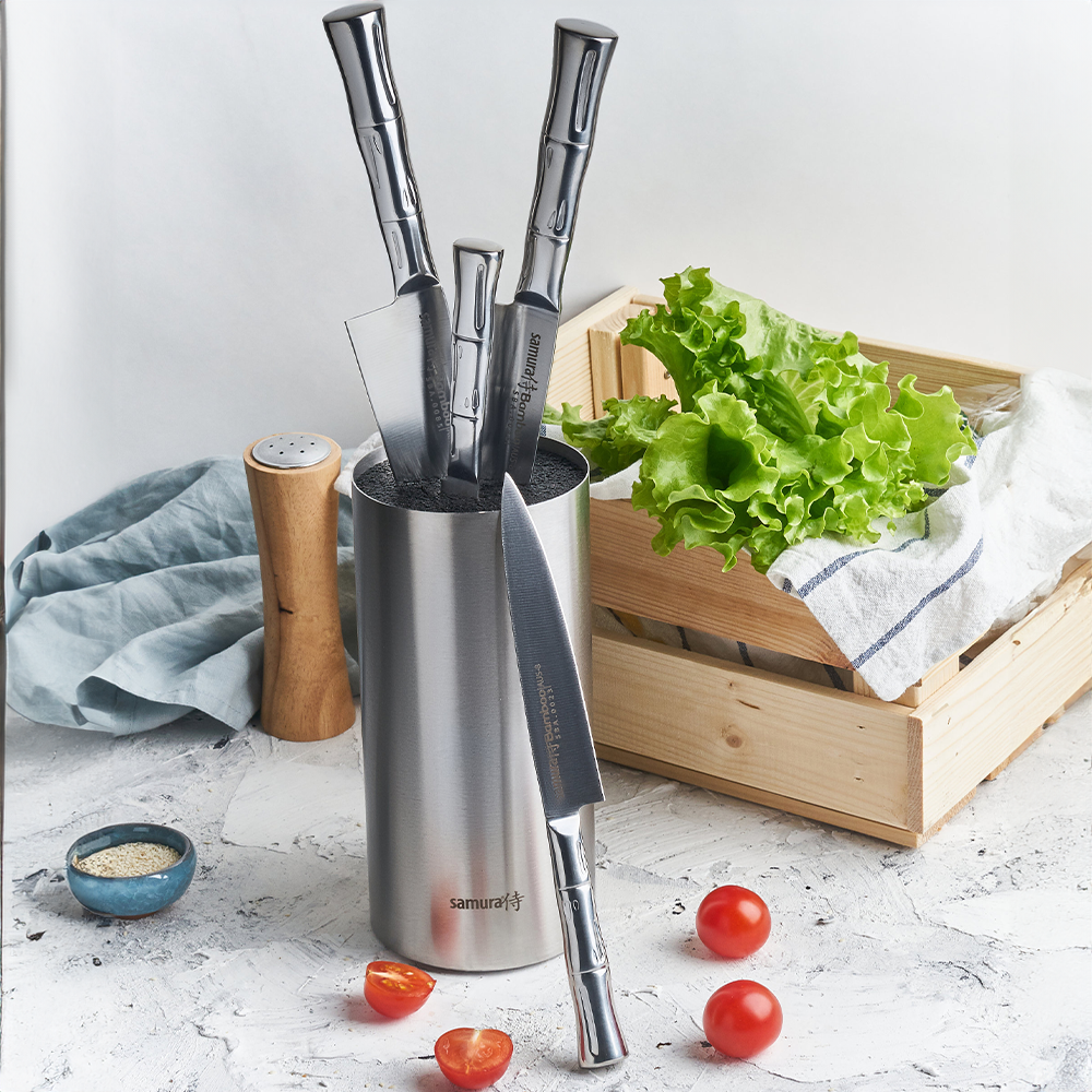 Samura BAMBOO Knife Block Set - Paring Knife, Utility Knife, Slicing Knife, Chef's Knife, Brush Block - Kitchenly