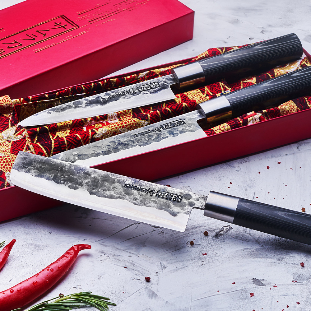Samura BLACKSMITH Knife Set - Utility Knife, Nakiri Knife, Santoku Knife - Kitchenly