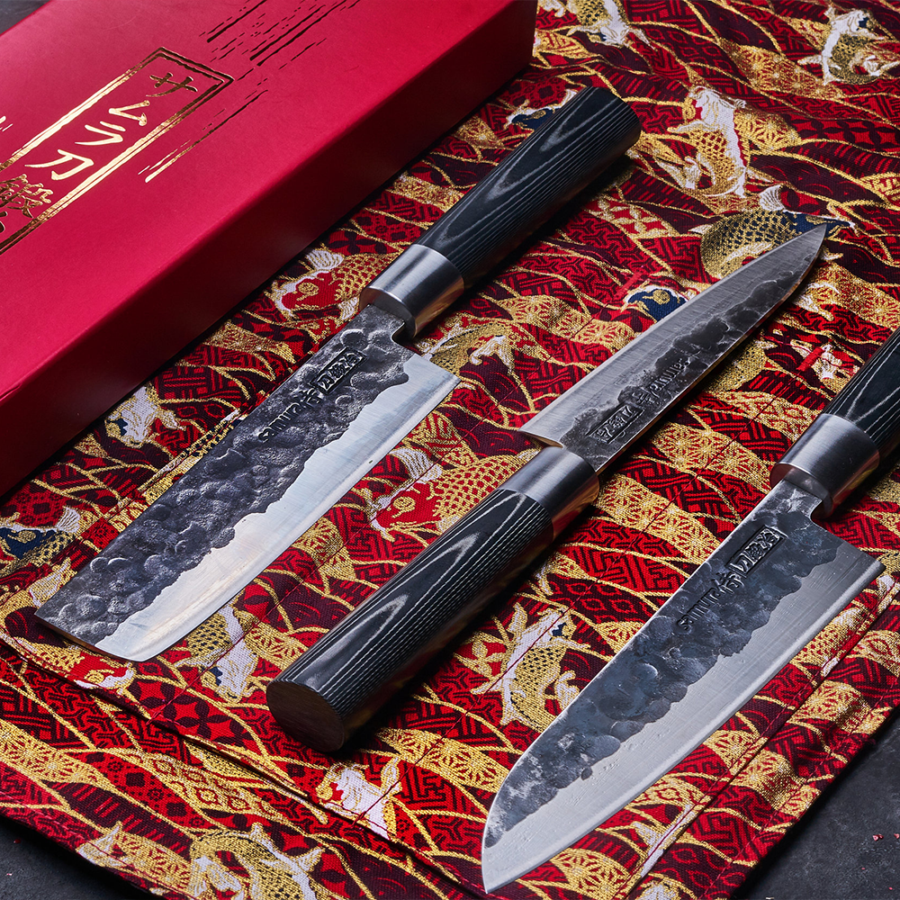 Samura BLACKSMITH Knife Set - Utility Knife, Nakiri Knife, Santoku Knife - Kitchenly