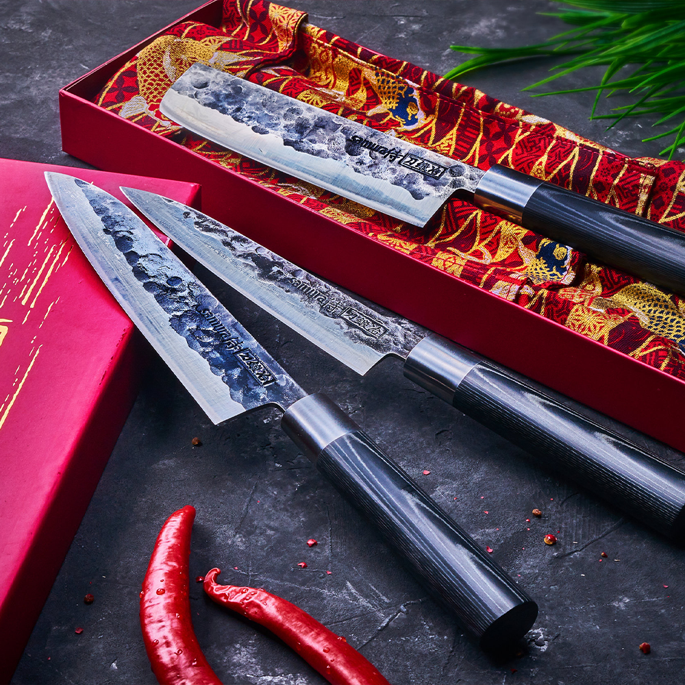 Samura BLACKSMITH Knife Set - Utility Knife, Nakiri Knife, Santoku Knife - Kitchenly