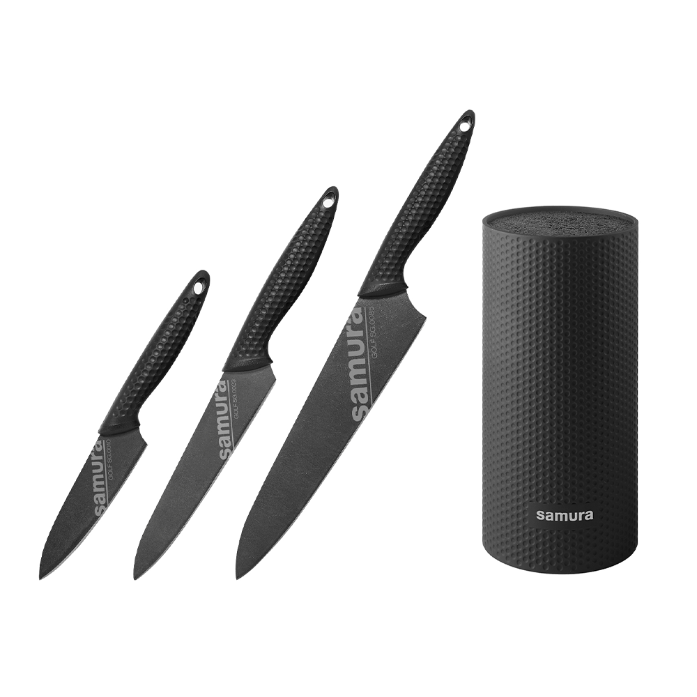 Samura GOLF Stonewash Knife Block Set - Paring Knife, Utility Knife, Chef's Knife and Holder 225mm - Kitchenly