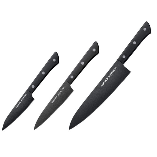 Samura SHADOW Non-Stick Coated Knife Set - Chef's Knife, Utility Knife, Paring Knife, Black - Kitchenly