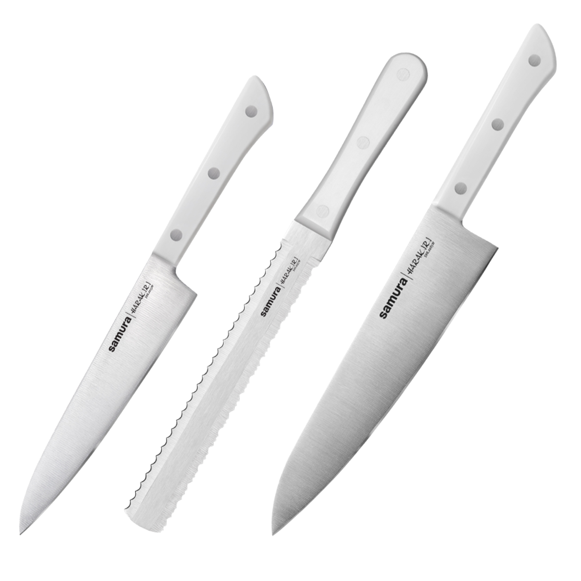 Samura HARAKIRI Knife Set - Utility Knife, Two-sided Saw Knife, Chef's Knife, White Handle, - Kitchenly