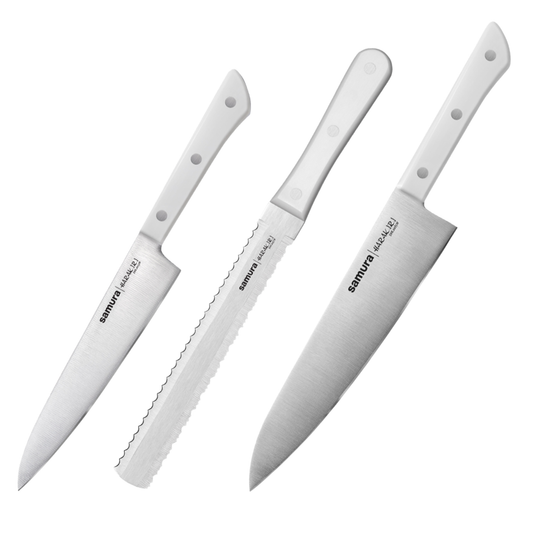 Samura HARAKIRI Knife Set - Utility Knife, Two-sided Saw Knife, Chef's Knife, White Handle, - Kitchenly