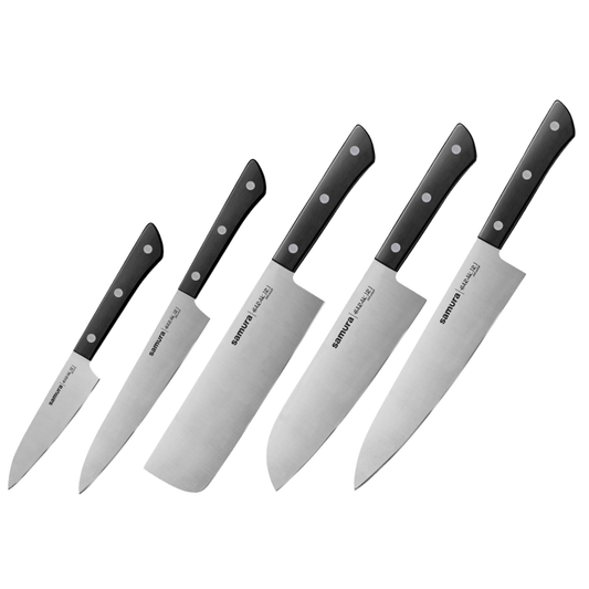 Samura HARAKIRI Knife Set - Paring, Utility, Nakiri, Santoku, Chef's Knife, White Handle - Kitchenly