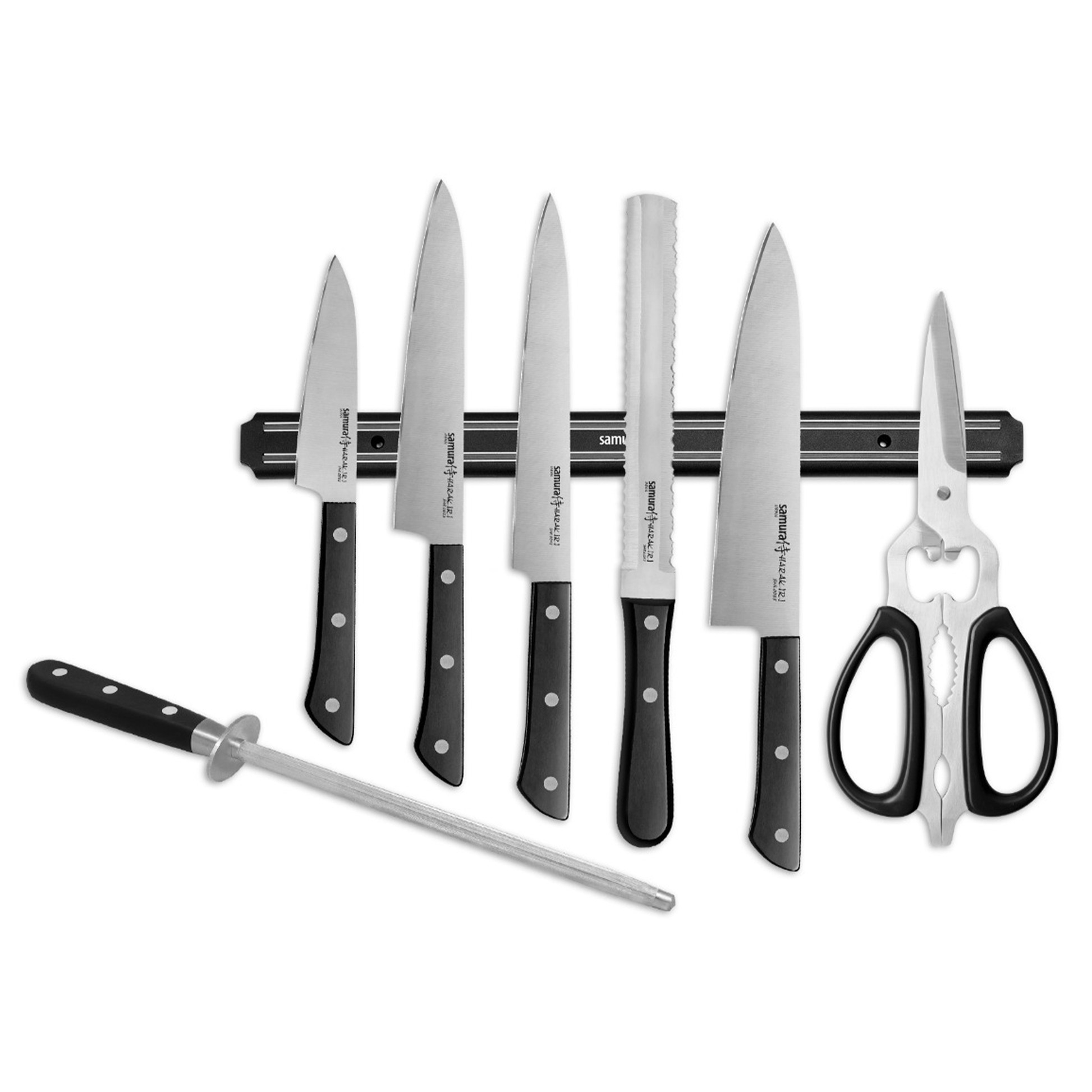 Samura HARAKIRI Super Set: Paring, Utility, Slicing, Saw Knife, Chef's, Sharpening Steel, Scissors, Knife Holder - Kitchenly
