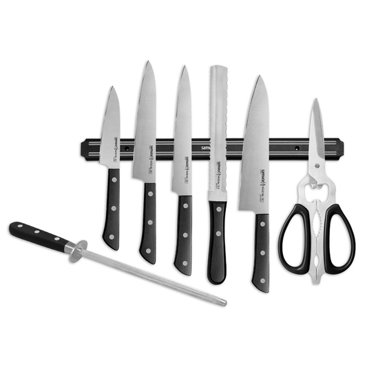 Samura HARAKIRI Super Set: Paring, Utility, Slicing, Saw Knife, Chef's, Sharpening Steel, Scissors, Knife Holder - Kitchenly