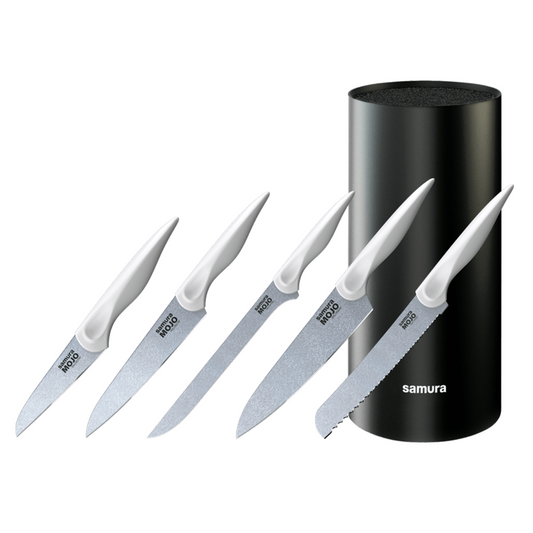 Samura MOJO Knife Block Set 6Pcs White: Paring, Utility, Fillet, Bread, Chef's Knives, Grey Brush Block - Kitchenly
