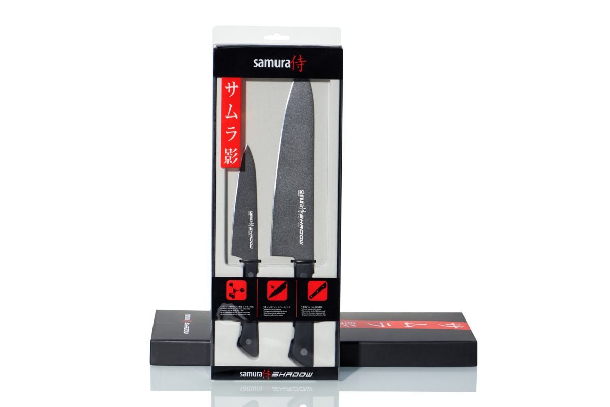 Samura SHADOW Non Stick Coated Knife Set - Chef's Knife, Utility Knife, Black - Kitchenly
