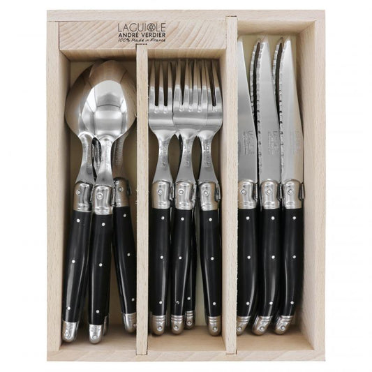 André Verdier Laguiole Debutant Black Cutlery Set with Tray - 18 Piece