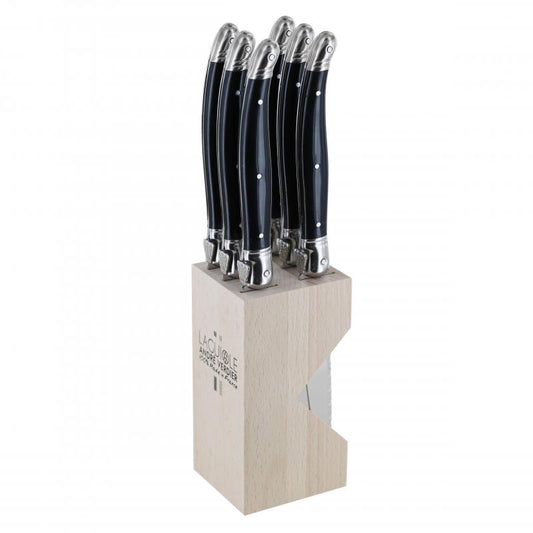 André Verdier Laguiole Debutant Black Steak Knife with Block - 6 Piece