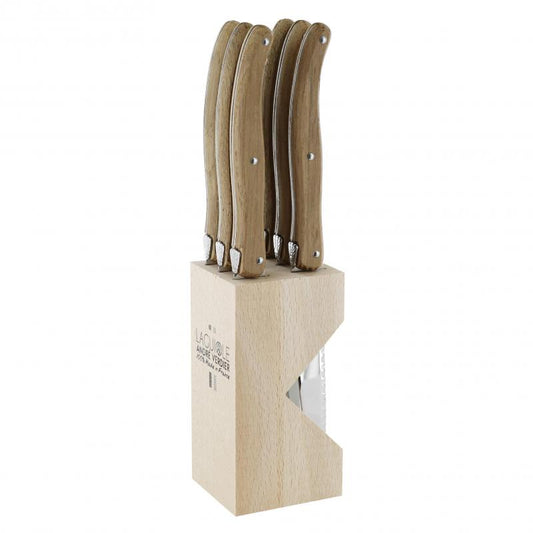 André Verdier Laguiole Debutant Toasted Oak Steak Knife with Block - 6 Piece
