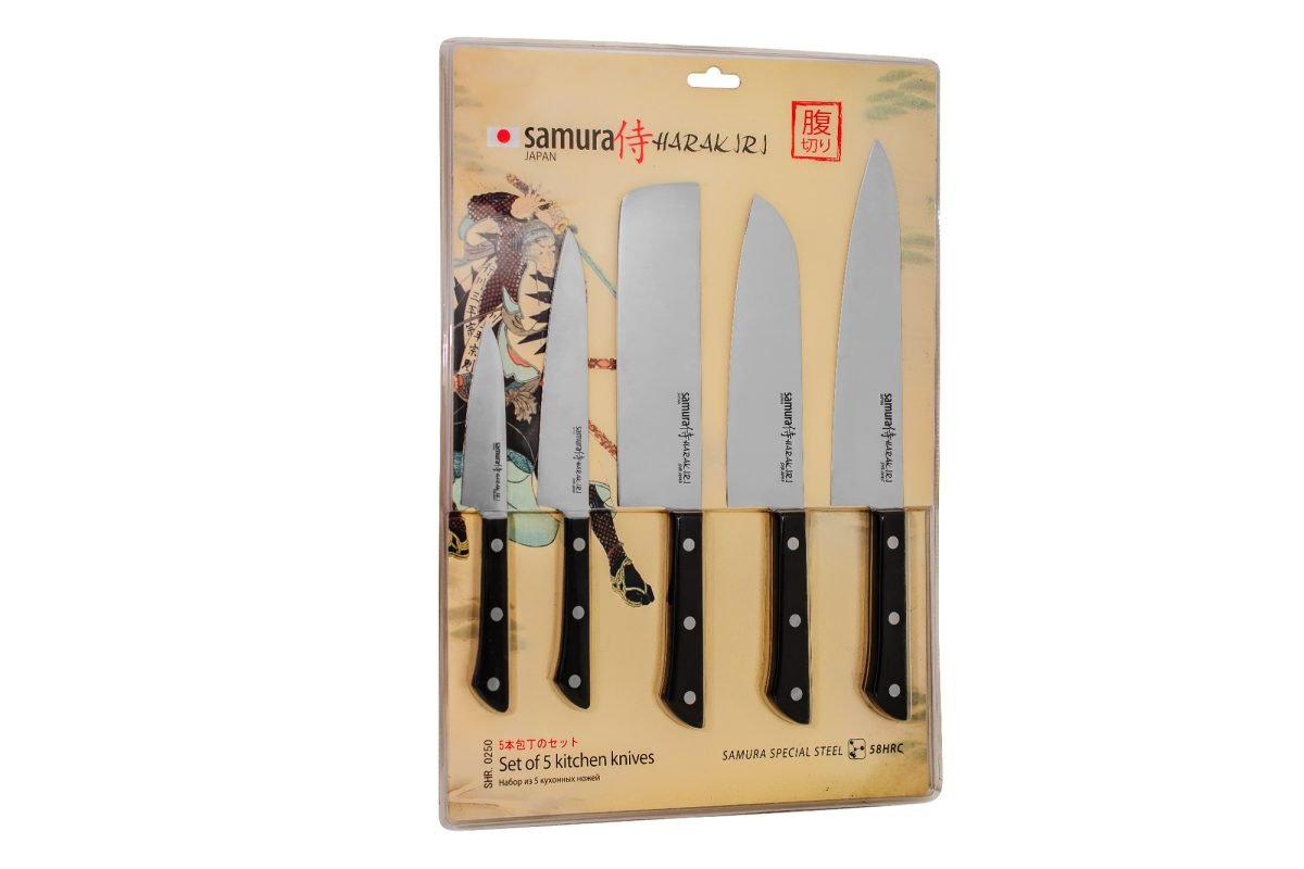 Samura HARAKIRI Knife Set - Paring, Utility, Nakiri, Santoku, Chef's Knife, White Handle - Kitchenly