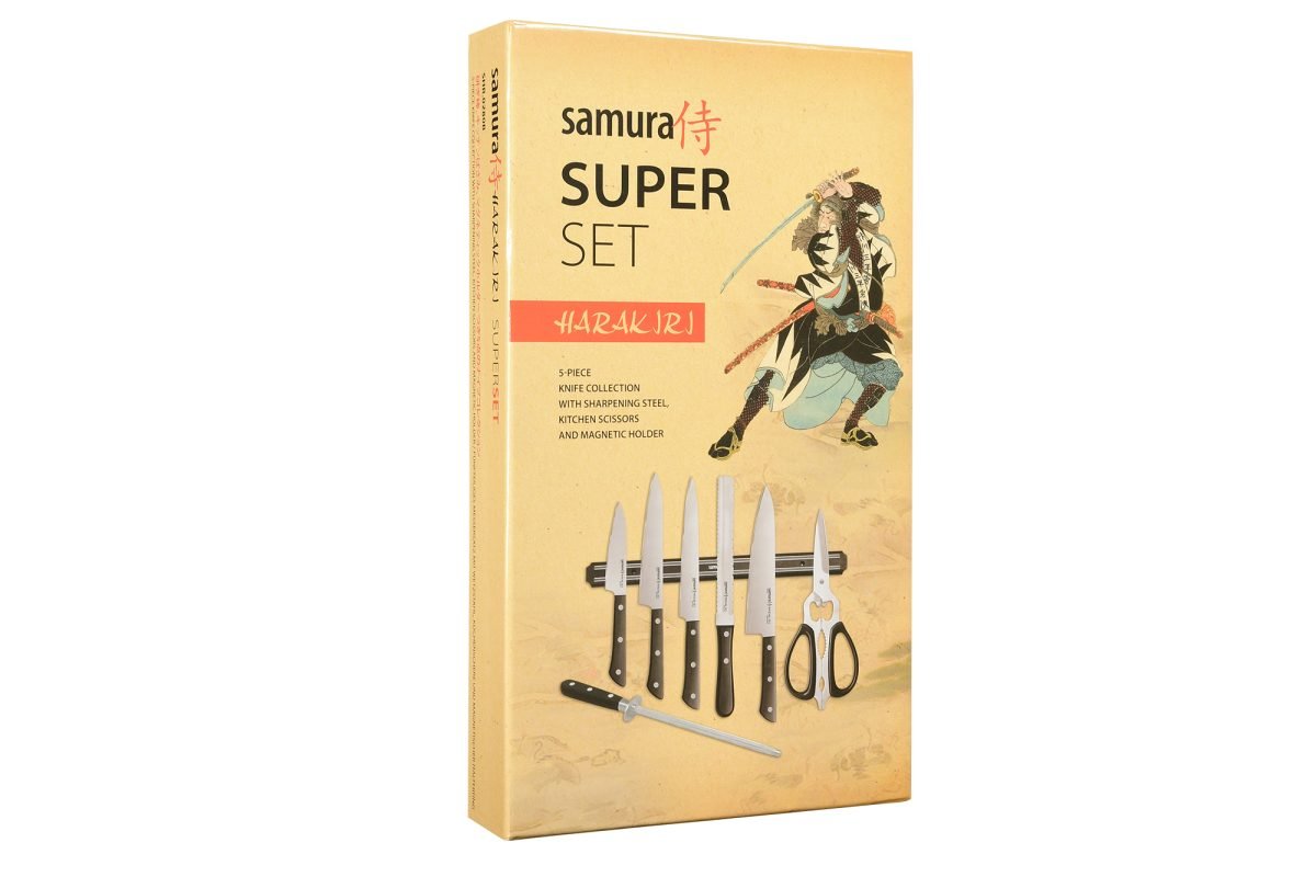 Samura HARAKIRI Super Set: Paring, Utility, Slicing, Saw Knife, Chef's, Sharpening Steel, Scissors, Knife Holder - Kitchenly