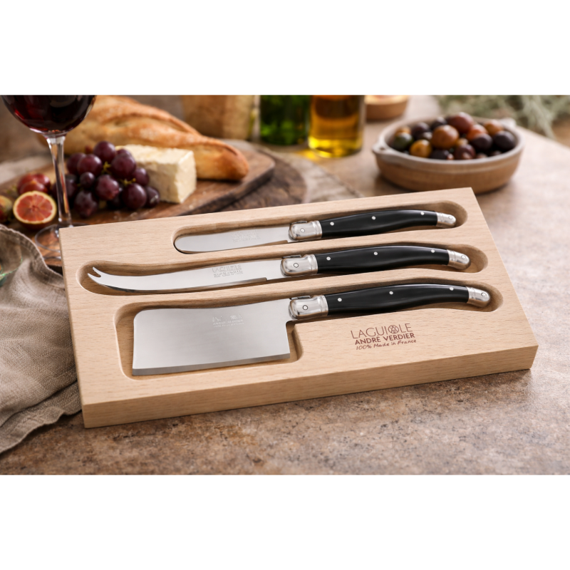 André Verdier Laguiole Debutant Black Cheese Set with Butter Spreader - 3 Piece