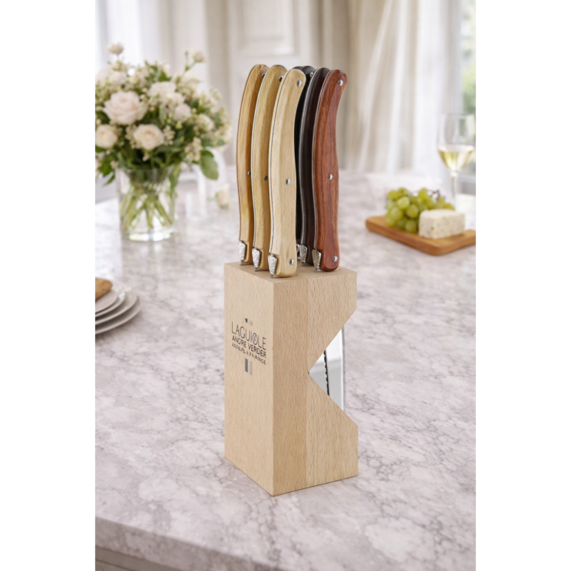 André Verdier Laguiole Debutant Assorted Wood Steak Knife with Block - 6 Piece