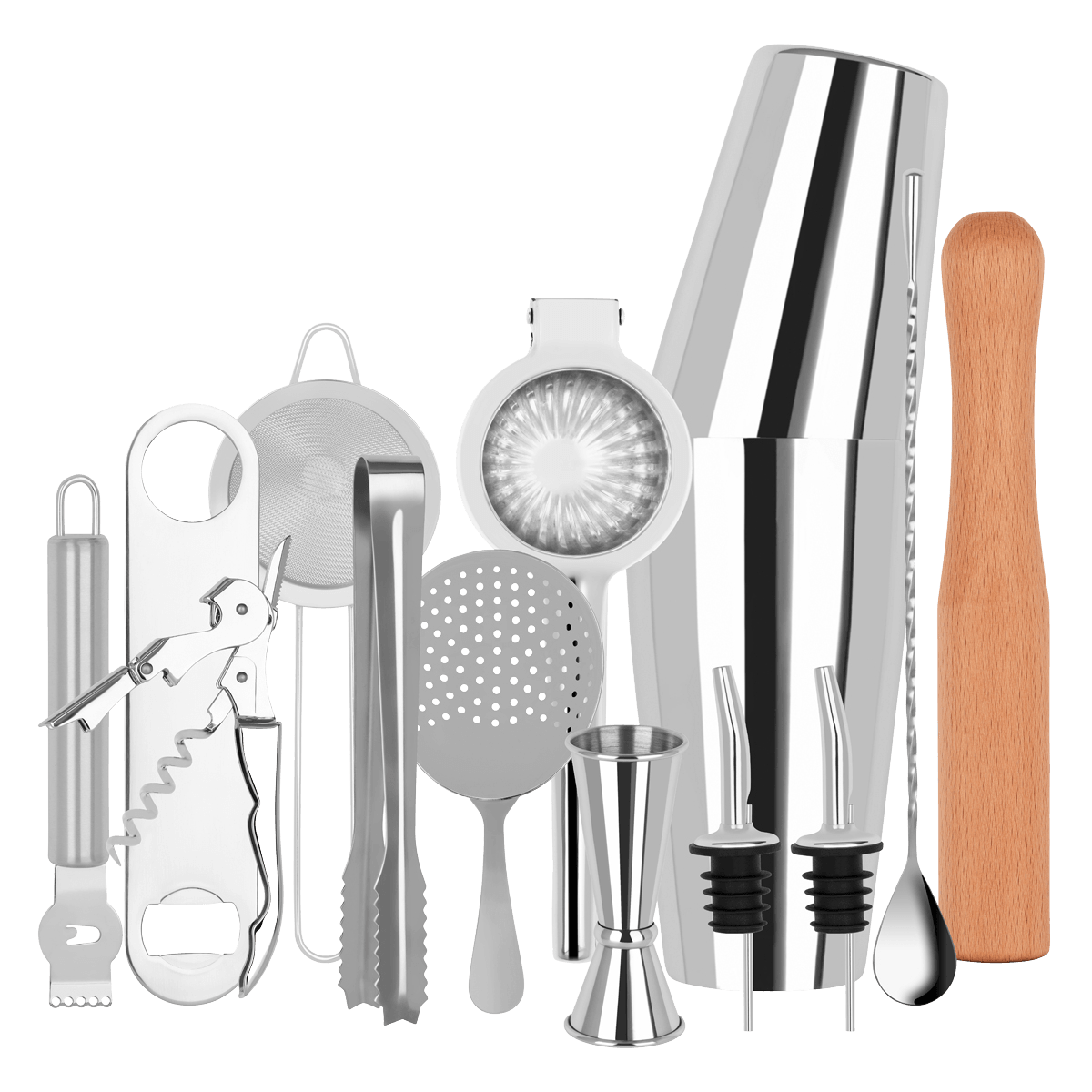 Zanzi Cocktail Set 14pc Stainless Steel In Bartender Roll - Kitchenly