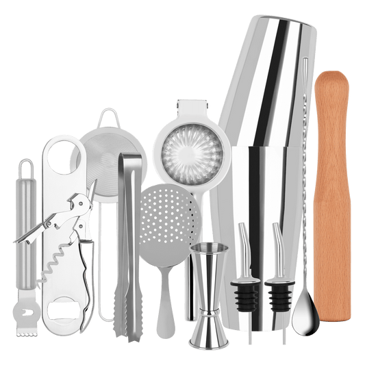 Zanzi Cocktail Set 14pc Stainless Steel In Bartender Roll - Kitchenly