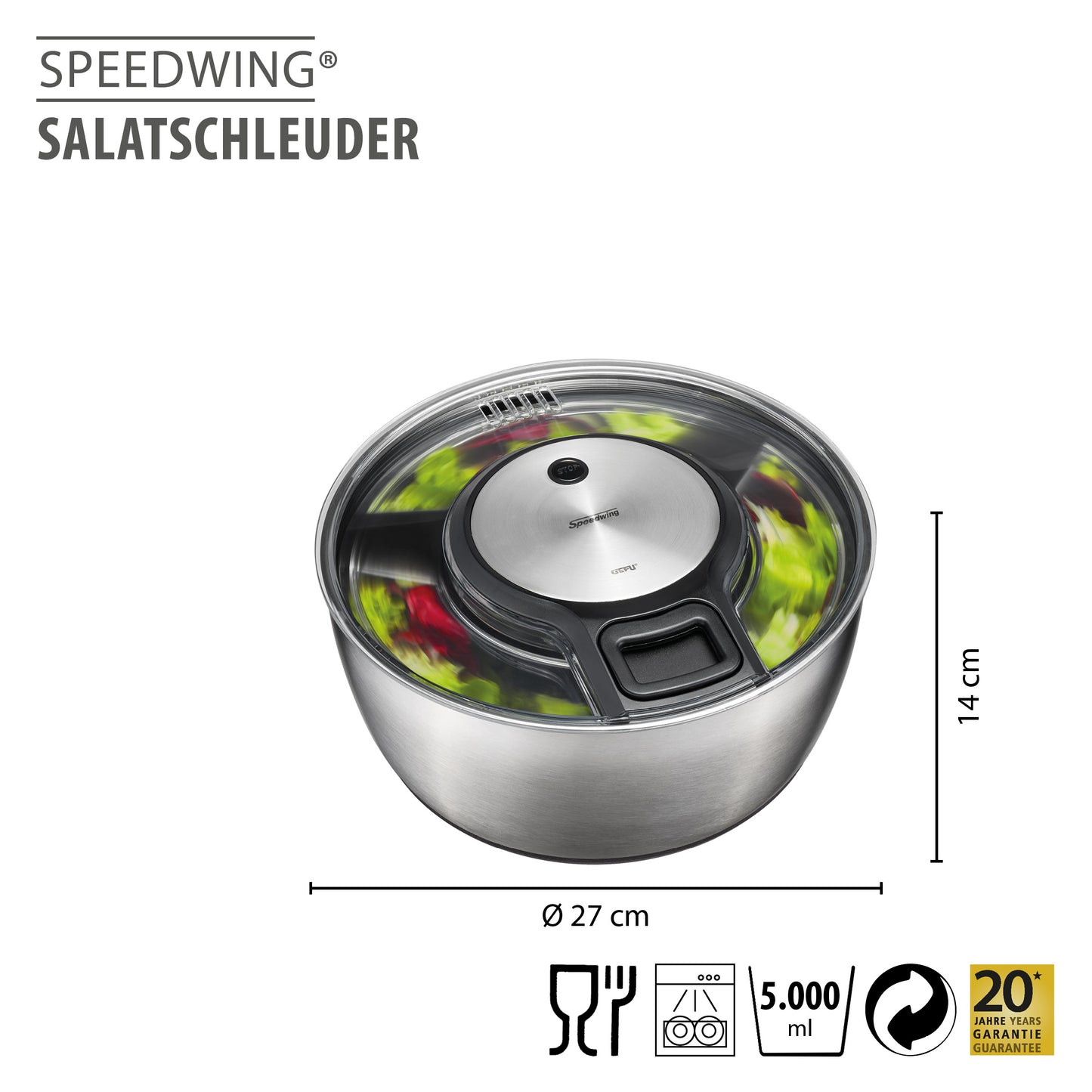 Salad spinner SPEEDWING®, stainless steel, 5 L