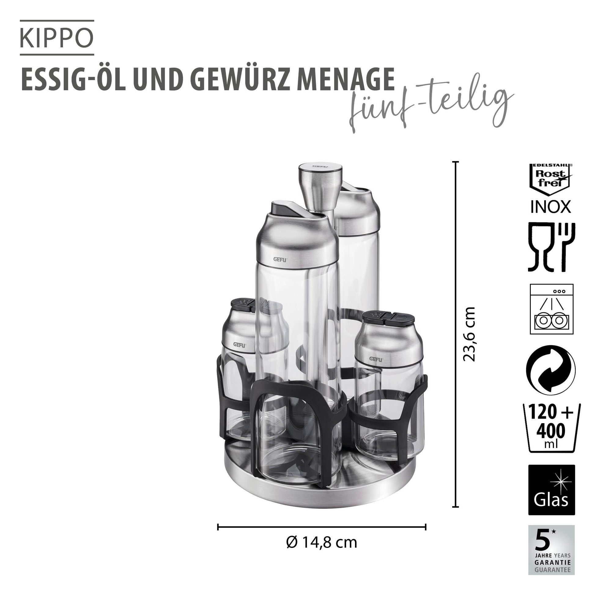 Vinegar-oil and spice cruet stand KIPPO, 5-piece