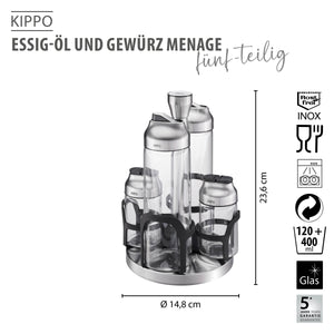 Vinegar-oil and spice cruet stand KIPPO, 5-piece