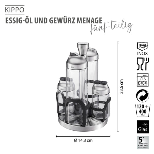 Vinegar-oil and spice cruet stand KIPPO, 5-piece