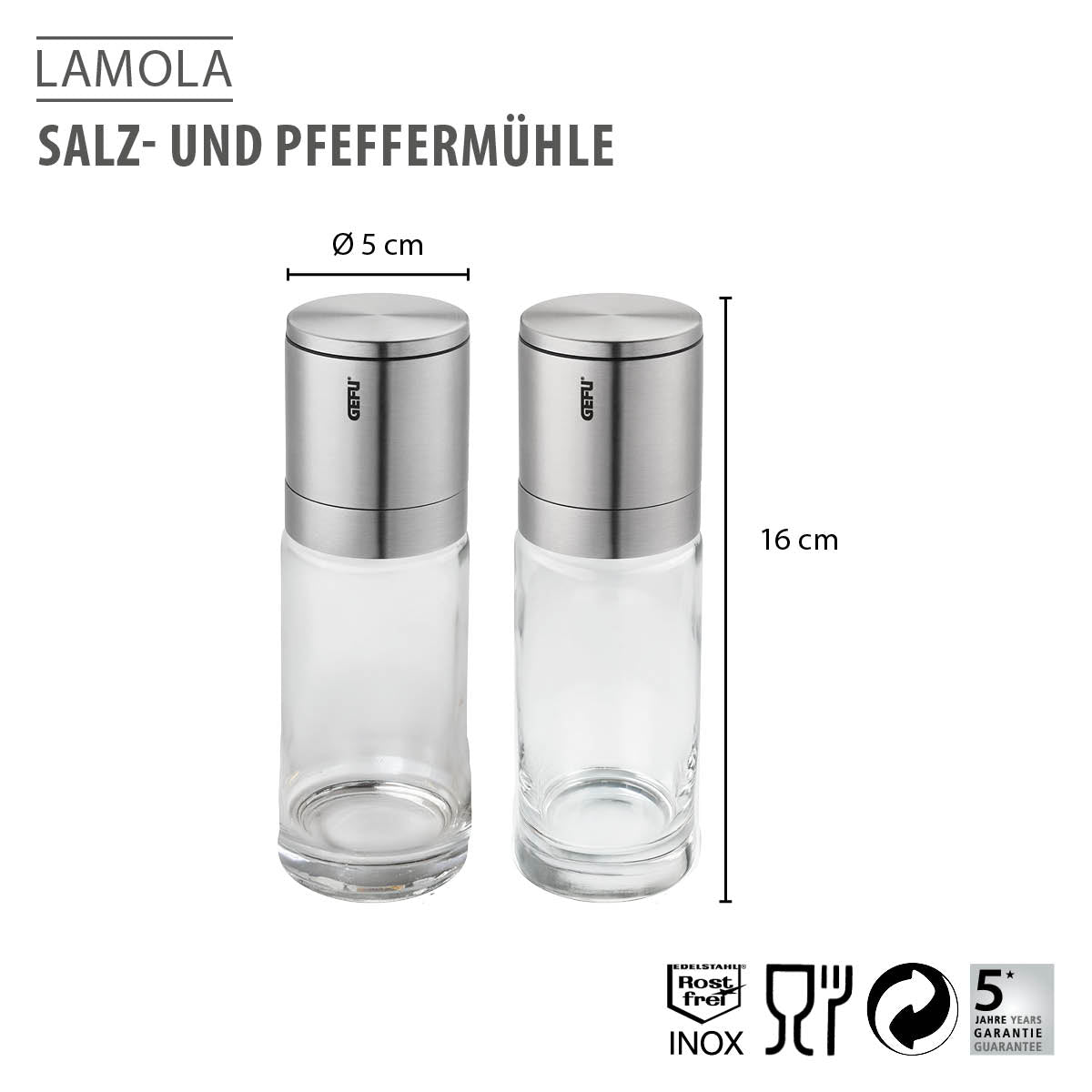Salt or pepper mill LAMOLA, 2 pieces