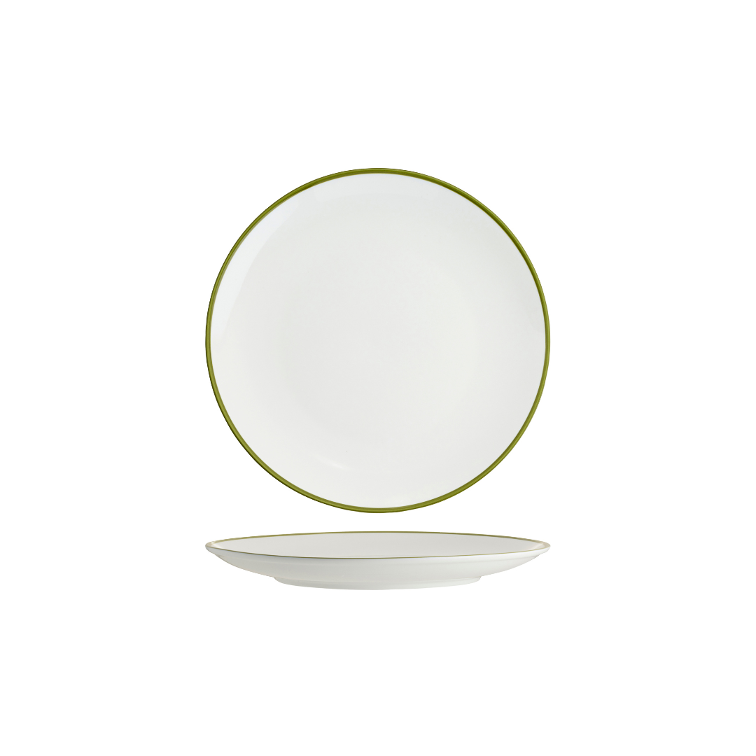 Tablekraft Core Round Coupe Plate - White/Olive Green Rim, 225mm, Box of 6