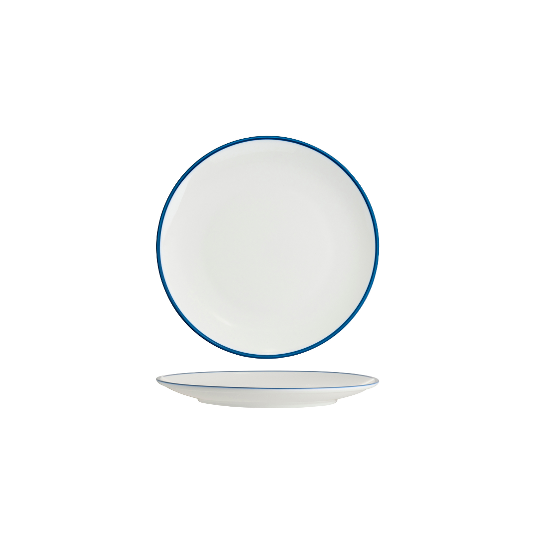 Tablekraft Core Round Coupe Plate - White/Royal Blue Rim, 225mm, Box of 6