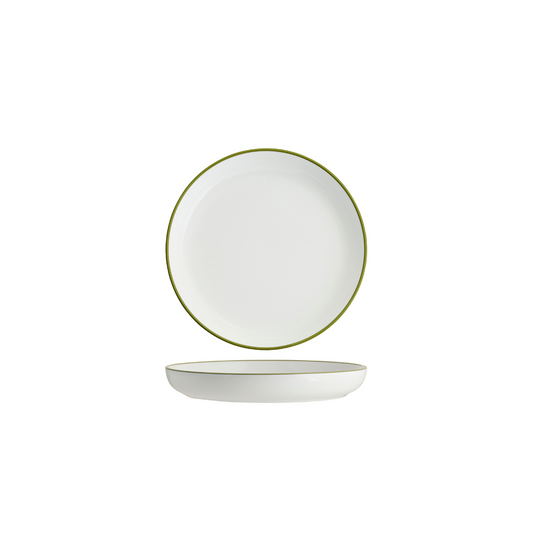 Tablekraft Core Walled Lip Round Plate -  White/Olive Green Rim, 200x23mm, Box of 4