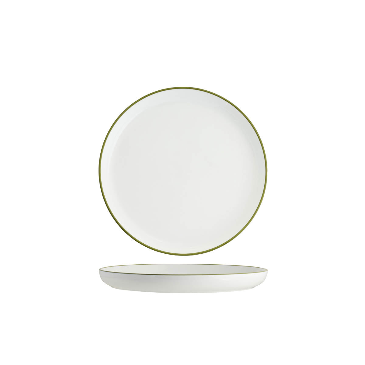 Tablekraft Core Walled Lip Round Plate -  White/Olive Green Rim, 270x26mm, Box of 3