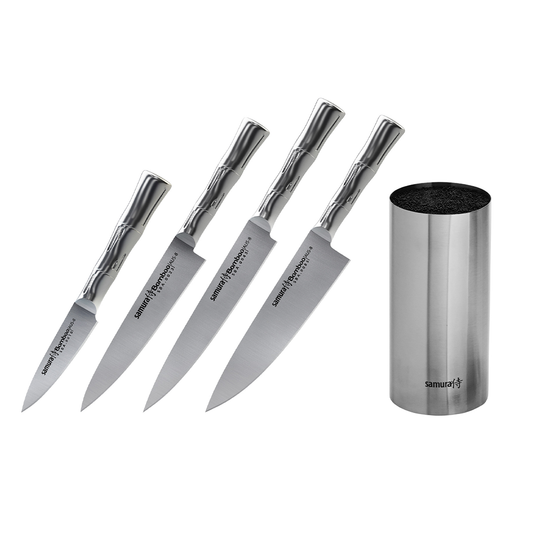 Samura BAMBOO Knife Block Set - Paring Knife, Utility Knife, Slicing Knife, Chef's Knife, Brush Block - Kitchenly