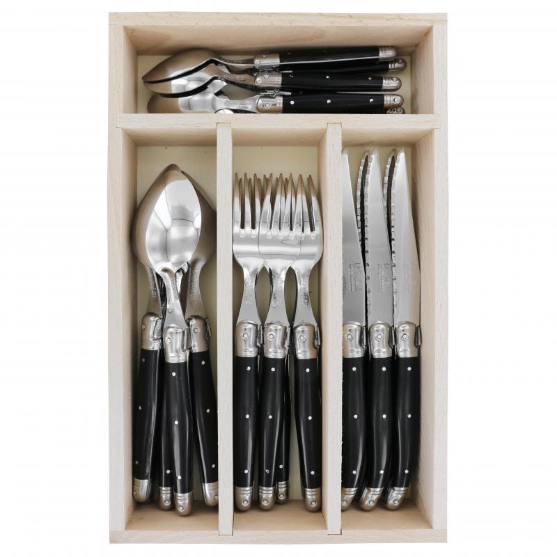 André Verdier Laguiole Debutant Black Cutlery Set with Tray - 24 Piece