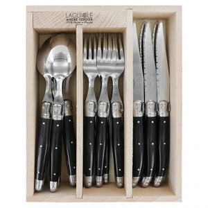 André Verdier Laguiole Debutant Black Cutlery Set with Tray - 18 Piece