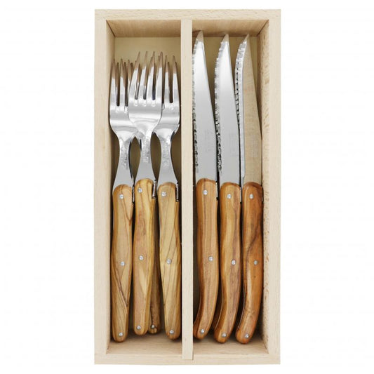 André Verdier Laguiole Debutant Olive Wood Steak Set with Tray - 12 Piece