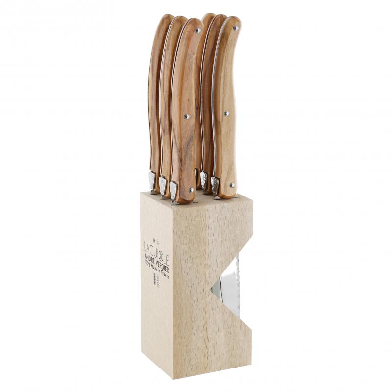 André Verdier Laguiole Debutant Olive Wood Steak Knife with Block - 6 Piece