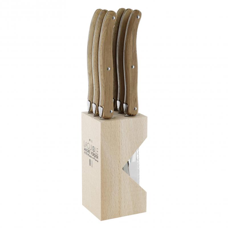 André Verdier Laguiole Debutant Toasted Oak Steak Knife with Block - 6 Piece