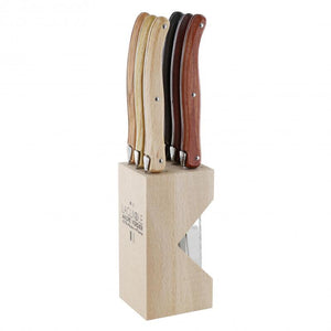 André Verdier Laguiole Debutant Assorted Wood Steak Knife with Block - 6 Piece