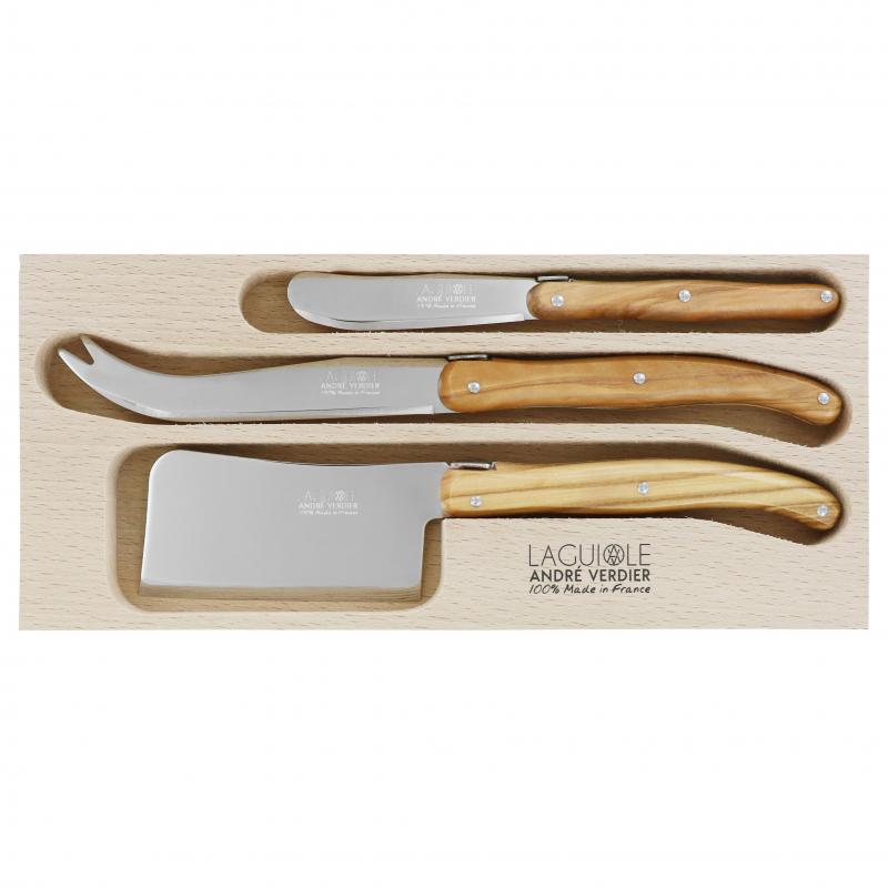 André Verdier Laguiole Debutant Olive Wood Cheese Set with Butter Spreader - 3 Piece