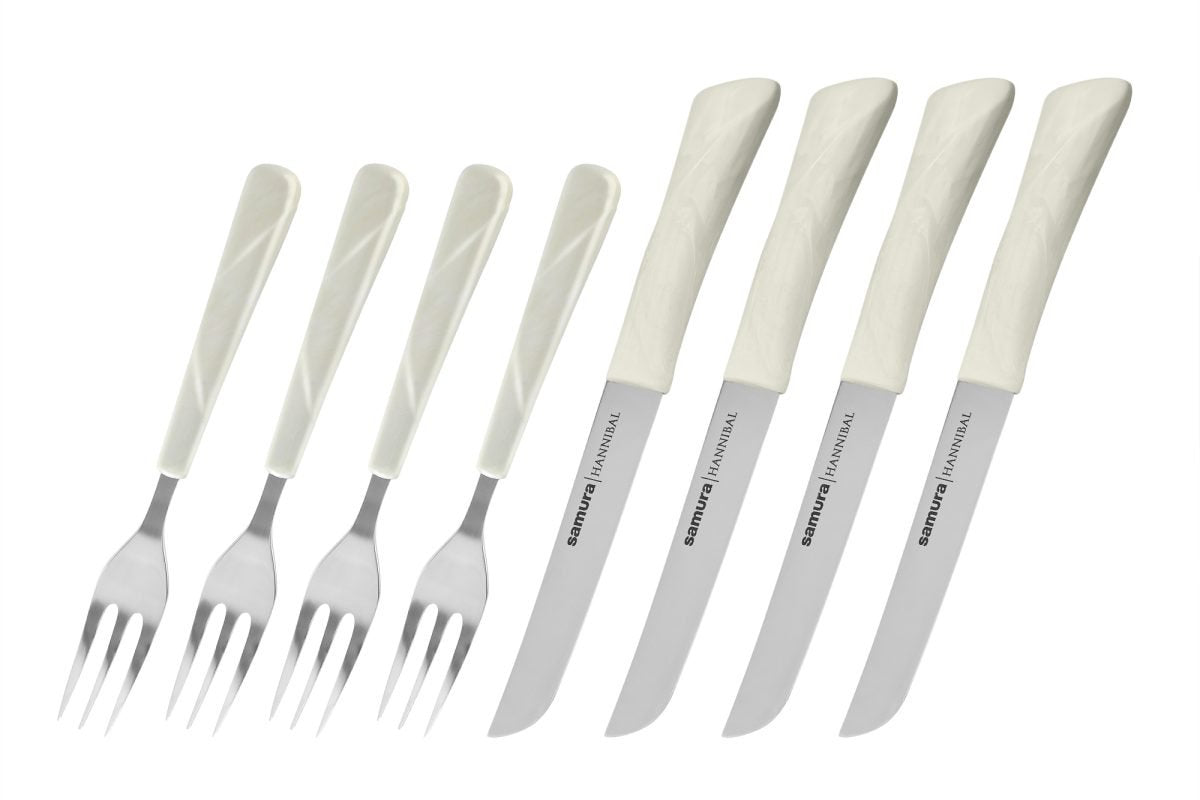Samura HANNIBAL Steak Knife and Fork - Set for 4, White Handle - Kitchenly