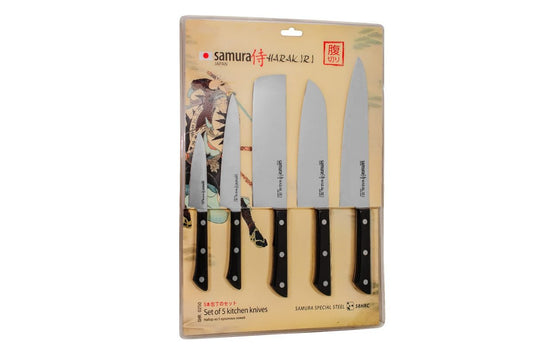 Samura HARAKIRI Knife Set - Paring, Utility, Nakiri, Santoku, Chef's Knife, White Handle - Kitchenly