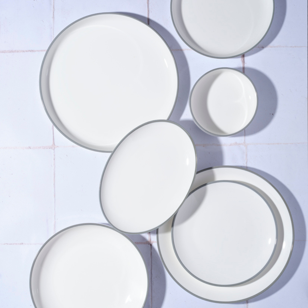 Tablekraft Core Walled Lip Round Plate -  White/Grey Rim, 200x23mm, Box of 4