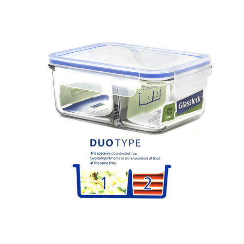 Glasslock Classic DUO Tempered Glass 1000ml Rectangle Divided Container