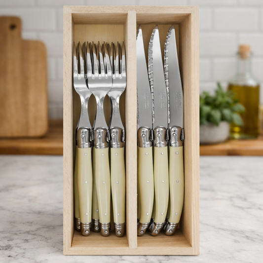 André Verdier Laguiole Debutant Ivory Steak Set with Tray - 12 Piece